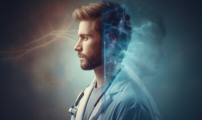 An doctor, double exposure, medical site, modern concept