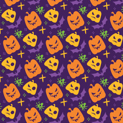 Hand drawn cute halloween pumpkin face spider and bat seamless pattern