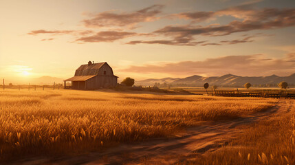 Farm with granary at golden hour sunset