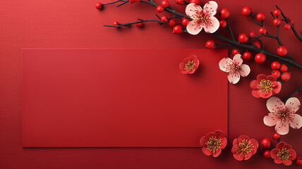 Chinese New Year background with plum blossom and red envelope. Top view with copy space - obrazy, fototapety, plakaty