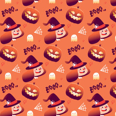 Hand drawn cartoon halloween witch and pumpkin character seamless pattern texture