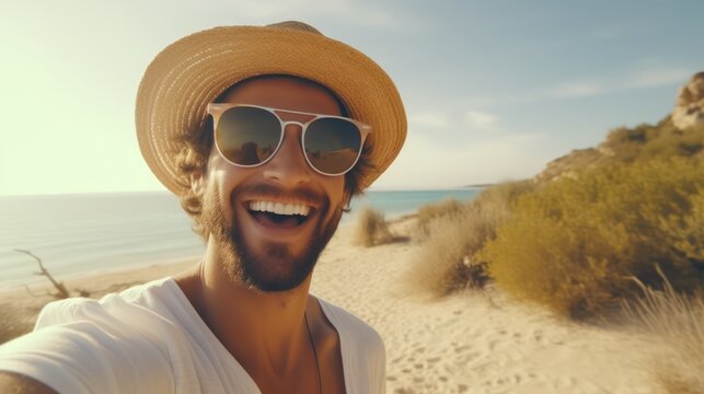 man is taking a selfie while on holiday at the beach, looking happy, wearing sunglasses and a beach hat