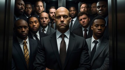 Focused Businessman with Colleagues in Crowded Elevator - obrazy, fototapety, plakaty