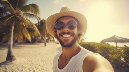 man is taking a selfie while on holiday at the beach, looking happy, wearing sunglasses - obrazy, fototapety, plakaty