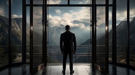 Fototapeta na wymiar Businessman Gazing at Mountain Peaks from Elevator