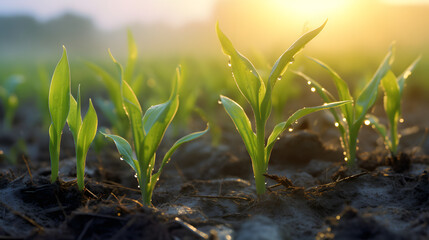 little corn sprouts coming up out of the grown in a farmer's field beads of dew coming off the plants in the early morning sunrise - obrazy, fototapety, plakaty