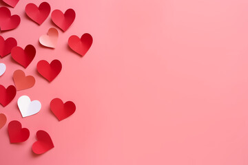 Valentine's day background with red and pink hearts on white background, flat lay