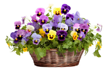 The Elegance of Pansies Showcased in a Handcrafted Basket Isolated on Transparent Background PNG.