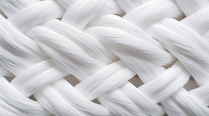 Close-up of white cotton fabric interlaced fiber macro, white synthetic cotton threads background, macro photography of white synthetic material,