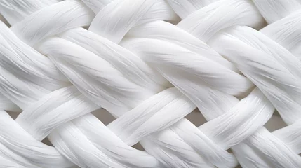 Fotobehang Macrofotografie Close-up of white cotton fabric interlaced fiber macro, white synthetic cotton threads background, macro photography of white synthetic material,