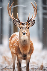Naklejka na ściany i meble Deer in a snowy forest 
