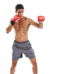 Boxer, man and shirtless in studio with sports for fitness, health and martial arts isolated on...