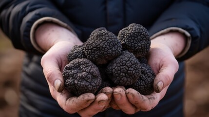 Close-up of hands holding a black truffle, showcasing its texture and richness. - obrazy, fototapety, plakaty