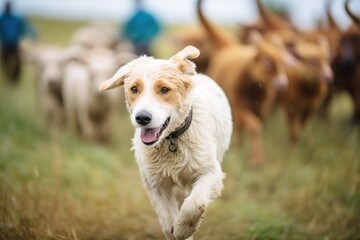 a dog herding goats and sheep together