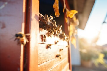 close-up of bees at hive entrance during sunset