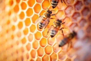 detailed view of bees and honeycomb in evening light