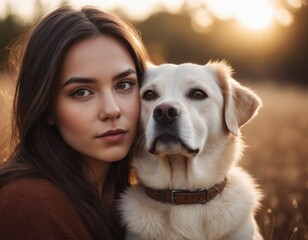 Portrait of a young beautiful woman with her beloved dog. AI generation