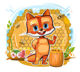 Little fox trying bee honey. Sticker. Animal isolated on white background. Fun cartoon style. Vector