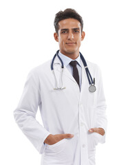 Man, portrait or doctor in studio for healthcare services, medical consulting or expert physician on white background. Professional therapist working with trust in medicine, clinical help or wellness
