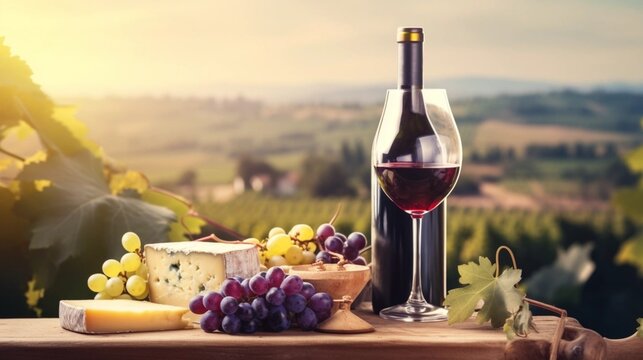 copy space, stockphoto, Grape wine in glass , Bunch of grapes on the table and cheese. Vineyard in the background. Concept of summer or autumn. National Drink Wine Day.