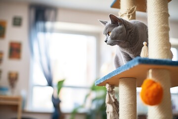 russian blue cat observing around from high cat tree perch - obrazy, fototapety, plakaty