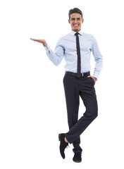 Fototapeta premium Portrait, business man or palm for presentation, mockup promotion and news announcement in studio on white background. Happy worker advertising deal, feedback or offer choice of review, space or info