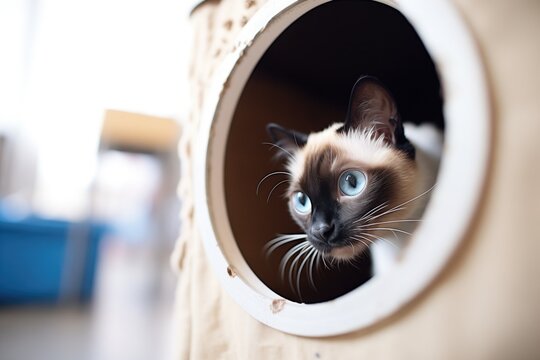siamese cat peering through a hole in a cat condo