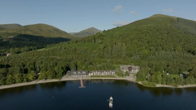Loch Lomond Lodge aerial orbital looking at Beinn Dubh above the water