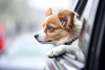 corgi with paw on the sill, gazing out of a compact cars window