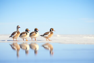 ducks on ice, clear blue sky background