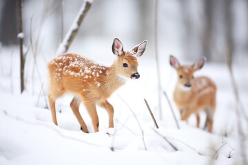 Obraz premium two fawns playing in fresh snow, tails up