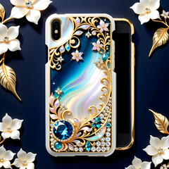 Illustration of a glamorous world: Mobile phone case crafted with mother-of-pearl, crystals, jewelry, and gold, showcasing rich detail and vibrant design.(Generative AI) 
