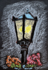 Street ligh created with oil pastel. Color illustration on black paper - 696220208