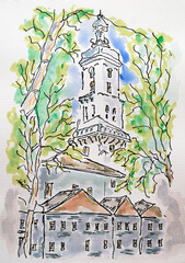 City sketch created with liner, watercolor and markers. Color illustration on watercolor paper - 696220218