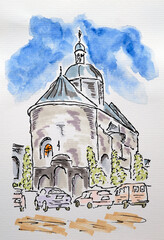 City sketch created with liner, watercolor and markers. Color illustration on watercolor paper - 696220226