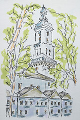 City sketch created with liner and markers. Color illustration on watercolor paper - 696220243