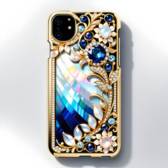 Illustration of a glamorous world: Mobile phone case crafted with mother-of-pearl, crystals, jewelry, and gold, showcasing rich detail and vibrant design.(Generative AI) 