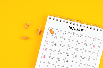 January 2024 Monthly desk calendar for 2024 year with pin on.