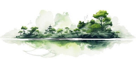 A serene landscape featuring a lush green forest and a still lake, with pagodas in the misty...