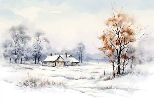A peaceful country homestead surrounded by snow