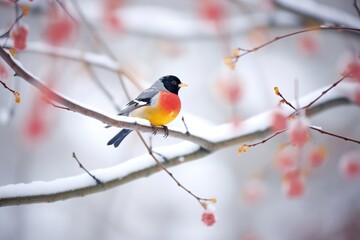 vibrant robin perch tranquil on a snowy dogwood