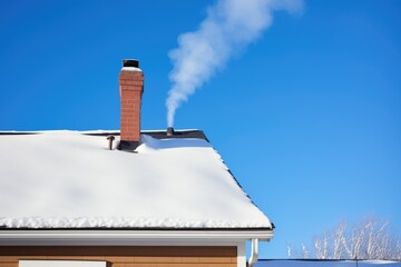 snow blanket over roof, chimney smoke against blue sky
