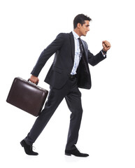 Business man, studio and walk with briefcase, determination and ready for job by white background....