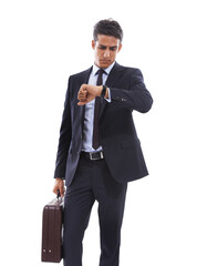 Business man, check watch and time management with briefcase for job isolated on white background....