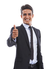 Thumbs up, portrait and business man in studio for success, winning deal or achievement on white background. Happy worker show emoji sign, like feedback or vote yes for excellence, thank you or trust