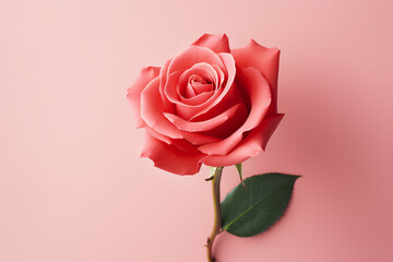 Beuatiful single pink rose in front of pink background with copy space