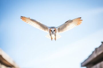 barn owl swooping towards camera against a clear sky