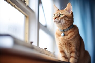 abyssinian cat perched in a light-filled attic window - obrazy, fototapety, plakaty