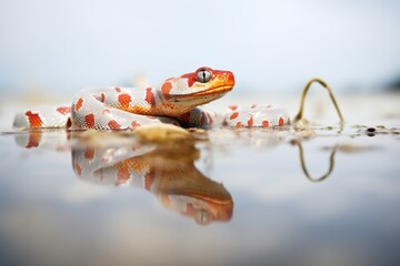 corn snake partially submerged in shallow water - obrazy, fototapety, plakaty
