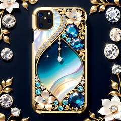 Illustration of a glamorous world: Mobile phone case crafted with mother-of-pearl, crystals, jewelry, and gold, showcasing rich detail and vibrant design.(Generative AI) 